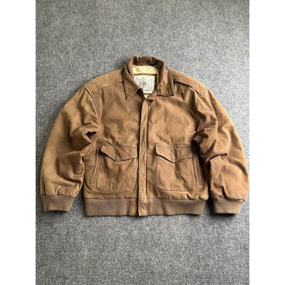 Mens 90s Urban Cowboy Brown Leather Bomber Flight Jacket Map Lining, Size M